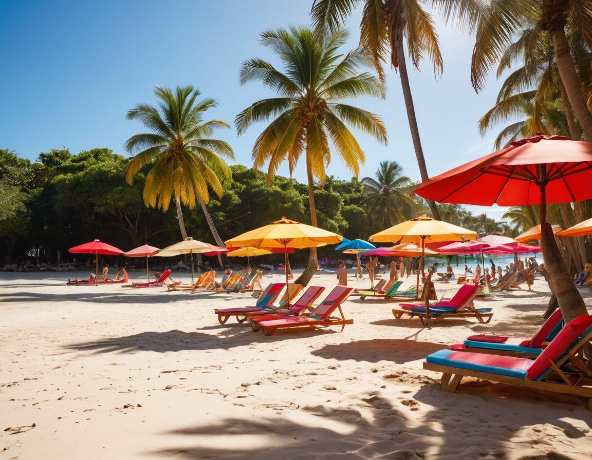 A vibrant beach scene featuring diverse individuals in stylish summer swimwear, enjoying the ocean waves. Sunlight sparkles on water while surfboards lean against colorful beach umbrellas. Palm trees sway in the breeze, and playful beach balls scattered around add to the lively atmosphere. The overall vibe is refreshing and fun, perfect for summer. super-realistic. vibrant colors.