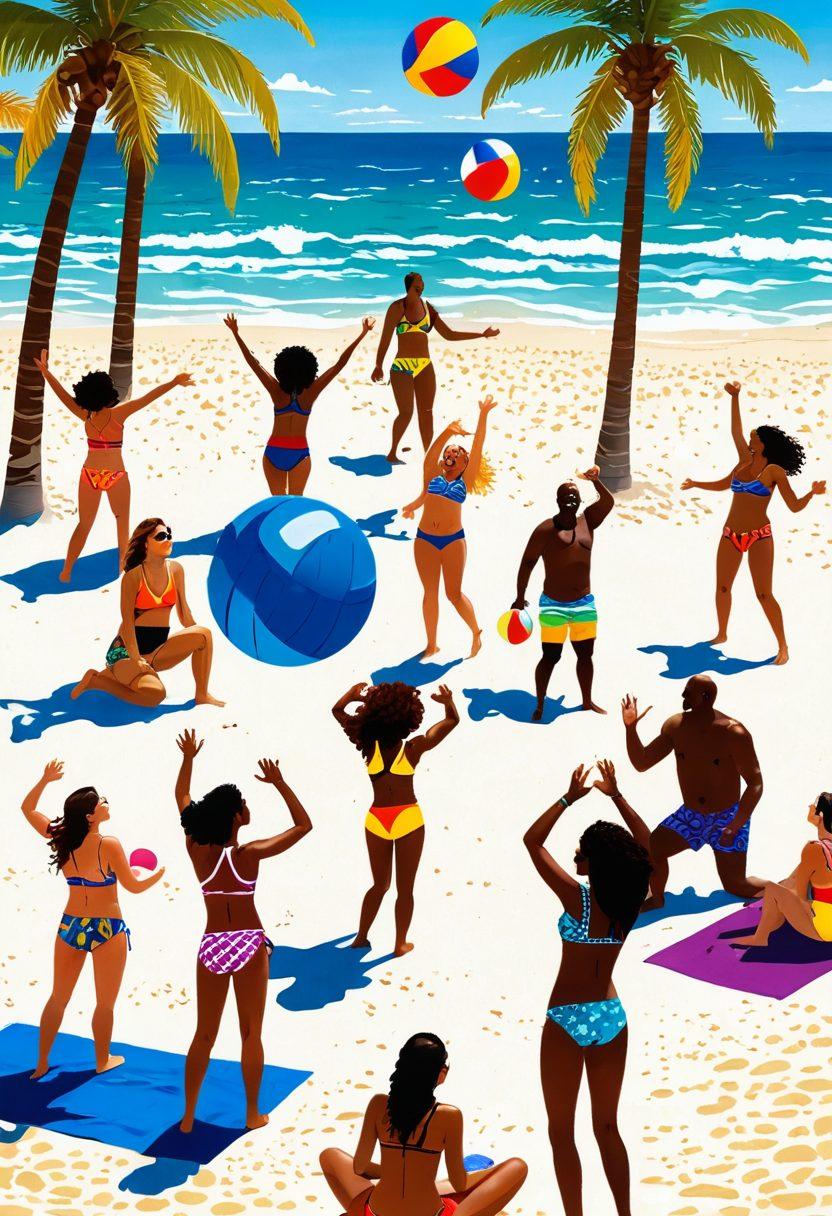 A vibrant beach scene showcasing diverse individuals flaunting colorful, stylish swimwear with playful patterns. Capture a sense of joy and freedom with beach balls, sunglasses, and laughter as people engage in fun activities like volleyball and sunbathing. Incorporate tropical elements like palm trees and waves gently crashing in the background. Emphasize bright colors and a lively atmosphere. super-realistic. vibrant colors. summer vibe.